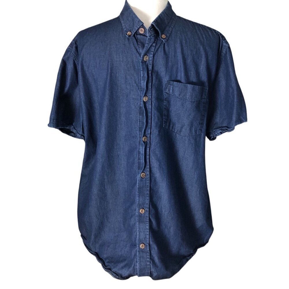 prAna Broderick Blue Denim Shirt Short Sleeve Button Organic Cotton Large L